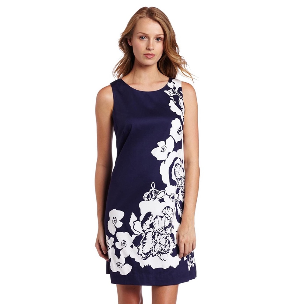 EUC Lilly Pulitzer Navy Blue w/ White Floral Print Stephanie Shift Dress